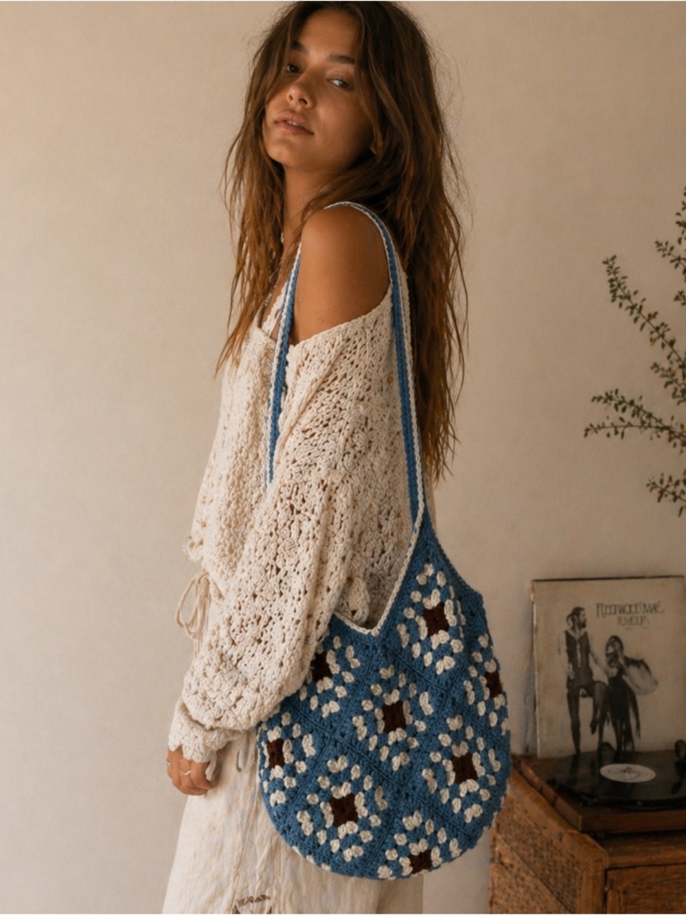 Blue Cream Crochet Granny-Square Crossbody Shoulder Boho Vintage Cottagecore Bag